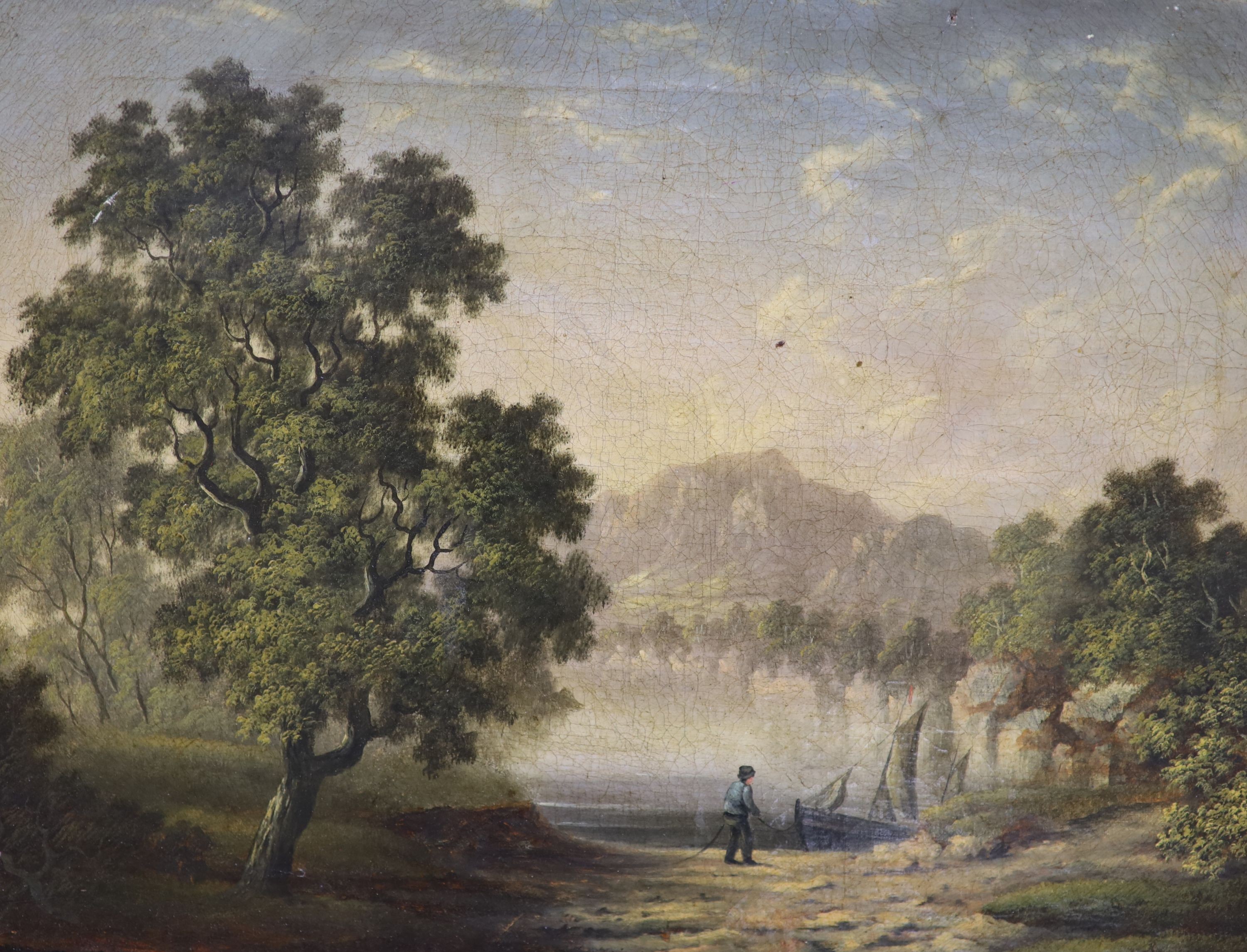 Rev. Robert Woodley Brown (fl. 1840-1860), pair of oils on canvas, Boatmen beside an estuary and Figures in a woodland clearing, inscribed in pencil verso, 30 x 38cm